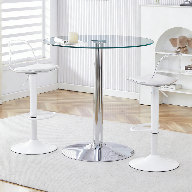 Bartischgruppe mit Glastisch H 92 x T 89 x B 89 cm, transparent und höhenverstellbar, mit 2 Barhockern – Bild 3