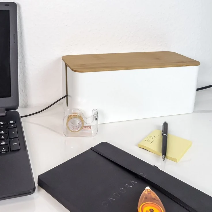 Intirilife Kabelbox, Kabelbox mit Bambusdeckel in Weiß Kabelmanagement Box – Bild 3
