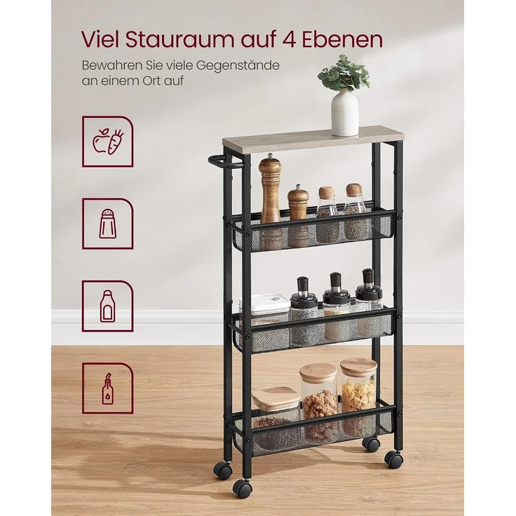 VASAGLE Rollwagen 4 Ebenen, Küchenwagen schmal, Nischenregal, Küchenregal auf Rollen, Stahlgestell, Griff, für kleine Räume, Küche, Bad, Wohnzimmer, Arbeitszimmer – Bild 5