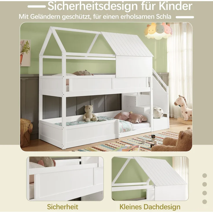 Etagenbett 80×200 cm mit Rausfallschutz und Treppe, Massivholz, Weiß, ohne Matratze – Bild 5