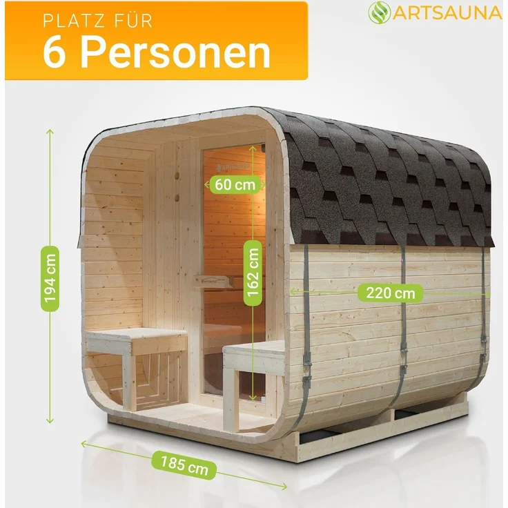Artsauna Fasssauna Nolvik XXL, Outdoor-Sauna aus Fichtenholz, 8 kW Ofen, LED, Komplettset mit Sanduhr, Eimer & Thermometer, winterfest, Cube Design – Bild 4