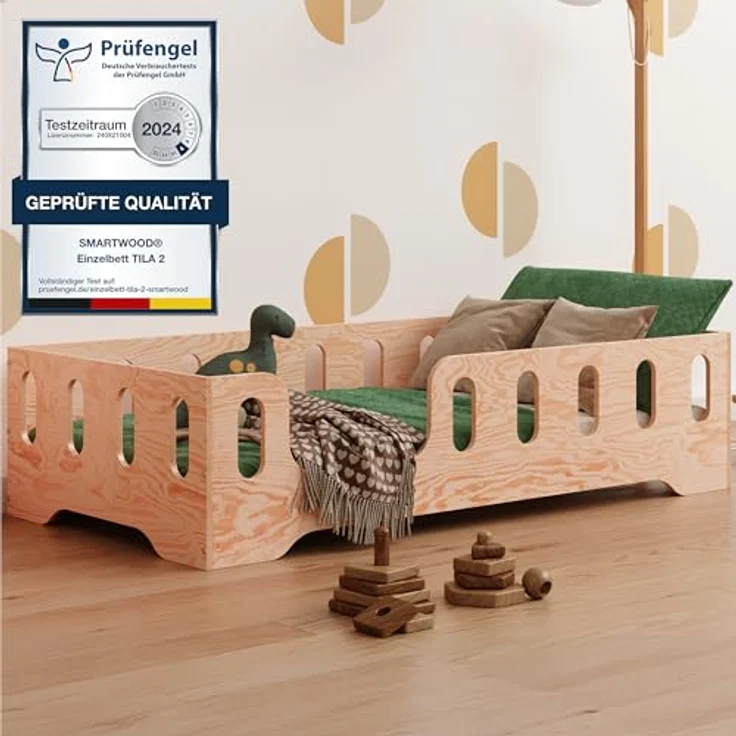 smartwood Bodenbett 90x200 Montessori Kinderbett aus Holz mit FSC-Zertifikat TILA 2L mit Rausfallschutz & Lattenrost bis 230kg belastbar - Einfache Montage – Bild 2