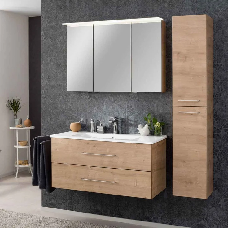 FACKELMANN B.PERFEKT Badmöbel Set 4-teilig 103 cm breit, Braun hell, Waschbecken Keramik Weiß + LED Spiegelschrank + Hochschrank – Bild 2