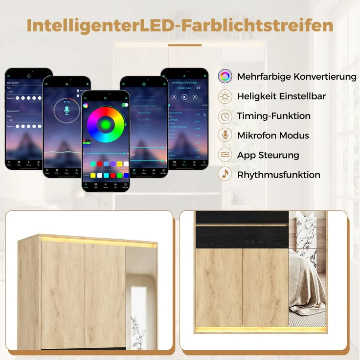 Garderoben-Set 200x47x200 cm mit Spiegel, LED-Beleuchtung und Sitzbank – Bild 7