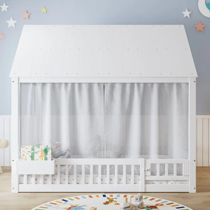 Hausbett mit Lattenrost, Bettvorhang, Zaun, Dach, Tür und Aufbewahrungsbox, 140x200 cm, Kinderbett mit Rausfallschutz, Massivholzbett, Kiefer – Bild 3