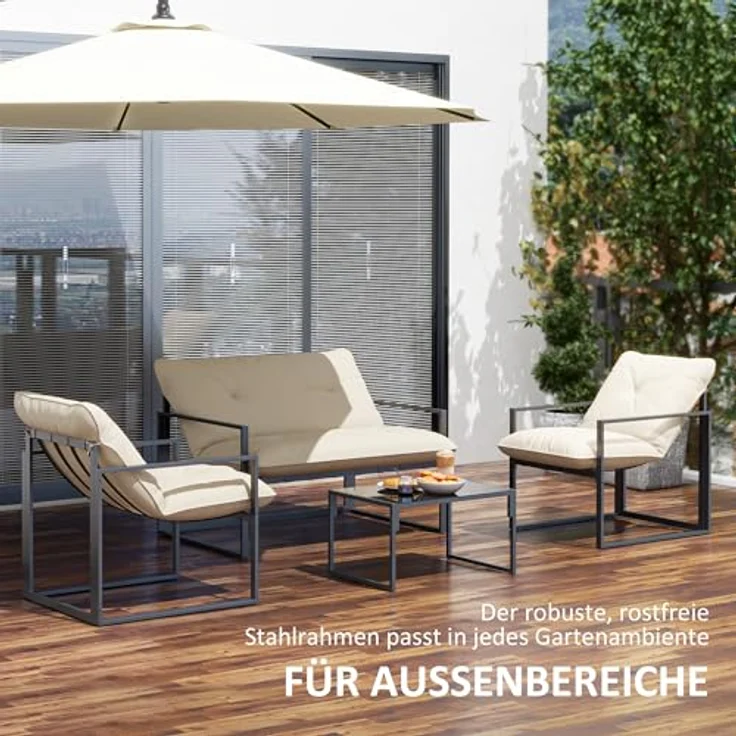 Outsunny Gartenmöbel Set 4 Personen Stahl wetterfest Balkonmöbel-Set mit 2er Sofa, Sessel Glastisch Sitzkissen Outdoor Sitzgruppe Terrassenmöbel Gartengarnitur für Garten Terrasse Balkon Grau+Beige – Bild 6