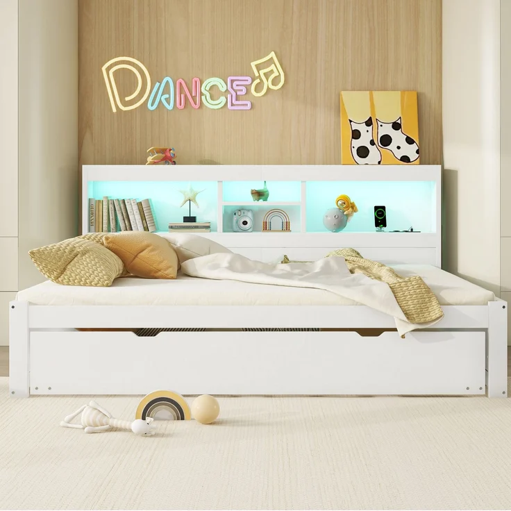 CHICFURN Bett aus Spanplatte und MDF Weiß 140x200 cm mit Ausziehbett, LED-Beleuchtung und USB-Anschlüssen – Bild 2