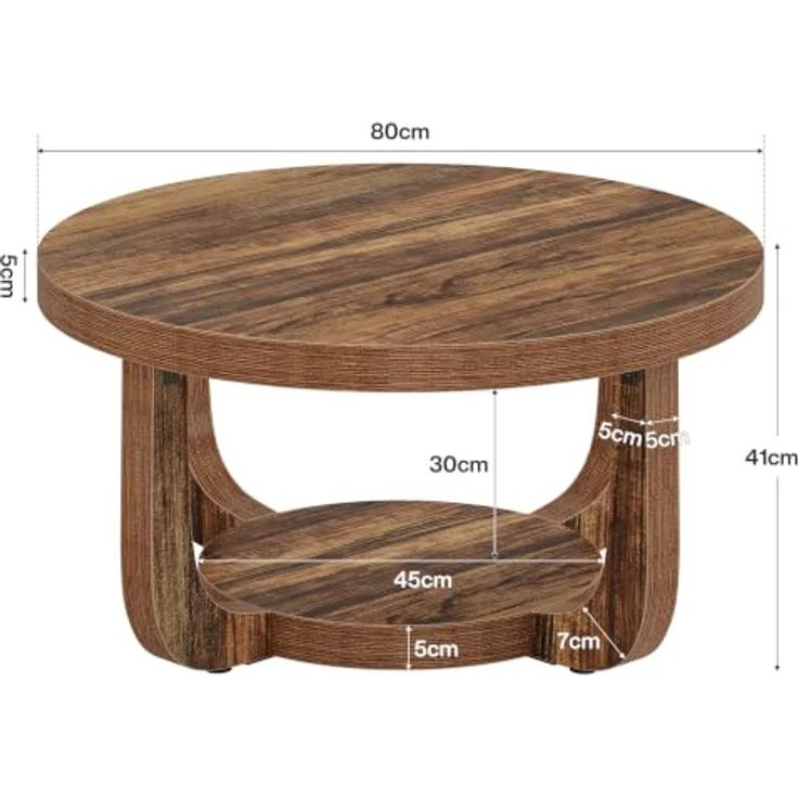 LITTLE TREE Runder Couchtisch 80 cm, 2-stöckiger Wohnzimmertisch mit Ablage | Landhausstil Kaffeetisch, Holz‑Optik Tisch für Wohnzimmer, Schlafzimmer und Lounge – Bild 2