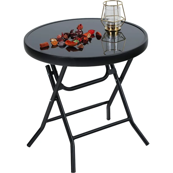 PHI VILLA Klappbar Runder Beistelltisch Glas aus Metall Gartentisch Kaffeetisch Klein Balkontisch wetterfest pflegeleicht für Balkon Garten Terrasse Wohnzimmer