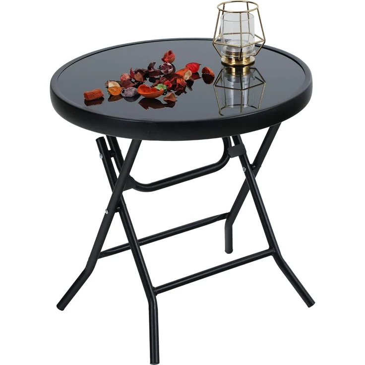 PHI VILLA Klappbar Runder Beistelltisch Glas aus Metall Gartentisch Kaffeetisch Klein Balkontisch wetterfest pflegeleicht für Balkon Garten Terrasse Wohnzimmer