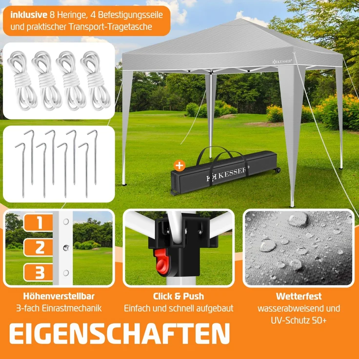KESSER® Faltpavillon mit Tasche, ohne Beleuchtung, wasserdicht und UV-Schutz 50+, Metall / Polyester grau, 300x300 cm – Bild 2