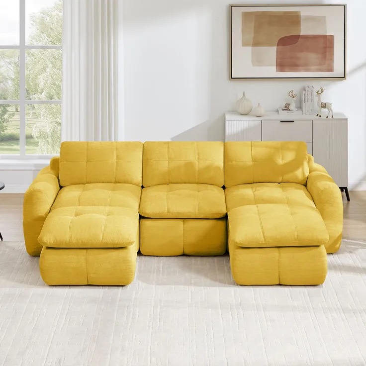 EINHOM 3‑sitziges U‑förmiges rahmenloses Modulsofa, wolkenweicher Chenille‑Bezug, 32D‑Hochdichtschaum, frei kombinierbar, montagefrei mit 2 Ottomanen für Wohnzimmer & Apartments, Gelb
