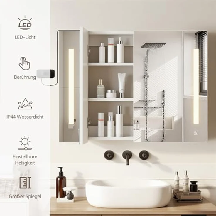 TUKAILAI LED Spiegelschrank Bad 80 x 15 x 60 cm, IP44 Wasserdicht, Stecker Stromversorgung, Moderner Badezimmerschrank mit 3 Lichtfarben, 2 Türen, 3 Verstellbaren Regalen, HD-Spiegel für Badezimmer – Bild 6
