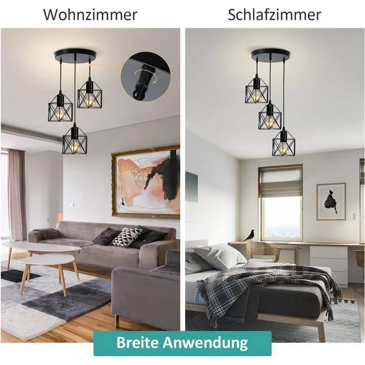 EMKE Pendelleuchte 3-flammig Industriell höhenverstellbar, ohne Leuchtmittel, E27-Fassung, Eisen Schwarz, Ideal für Esszimmer, Küche & Wohnzimmer – Bild 2