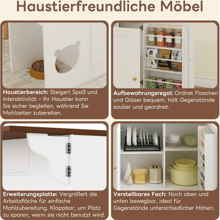Merax Kücheninsel, Küchenwagen & Sideboard mit Schubladen – mit ausziehbarer Arbeitsplatte, Würzregal, Haustierfressbereich (ohne Katzensteller), Weiß + Nussbaumfarbe – Bild 7