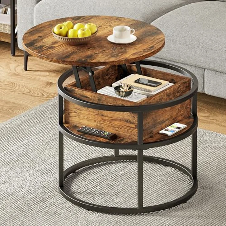 YITAHOME Couchtisch Rund mit Hebeplatte, Wohnzimmertisch mit Stauraum 60 x 60 x 47 cm, Couchtisch rund mit Stauraum für Home Office, Couchtisch Höhenverstellbar Couch Tisch Wohnzimmer – Bild 3