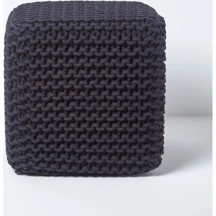 Homescapes Pouf Gestrickter Sitzwürfel 100% Baumwolle, schwarz