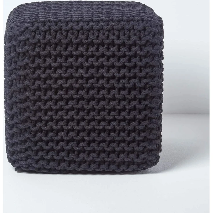 Homescapes Pouf Gestrickter Sitzwürfel 100% Baumwolle, schwarz