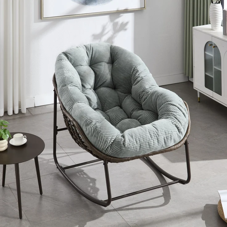 LVHOM Schaukelstuhl mit gepolstertem Kissen, Rattanstuhl mit Stahlrahmen, Lounge Sessel, Schaukelsessel, 1 St, für Balkon/Garten/Wohnzimmer/Schlafzimmer – Bild 3
