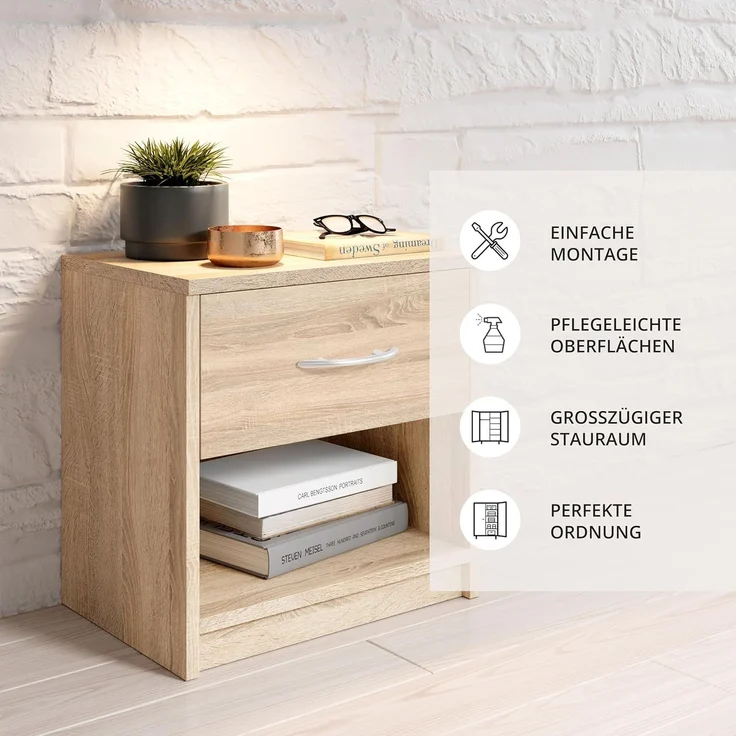 Nachtkommode 1 Schublade 38-533-66 PEPE Eiche Sonoma Sägerau Nb. ca. 39 x 41 x 28 cm – Bild 5