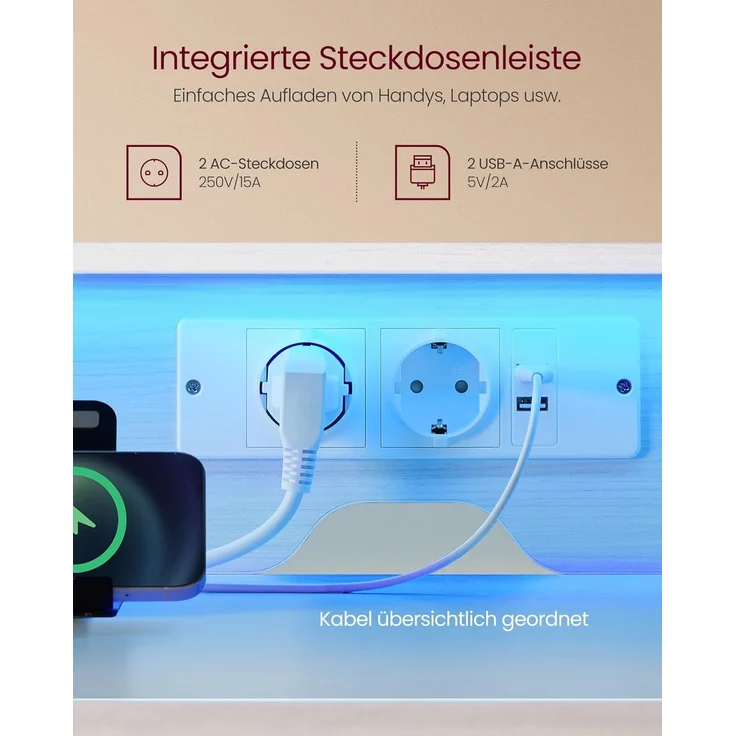 VASAGLE Schreibtisch mit Stoff-Schubladen, Computertisch mit Monitorständer, LED-Beleuchtung, 55 x 135 x 90 cm, eingebaute Steckdosen, 2 USB-A-Anschlüsse, für Homeoffice, ahornweiß LWD094W01 – Bild 4
