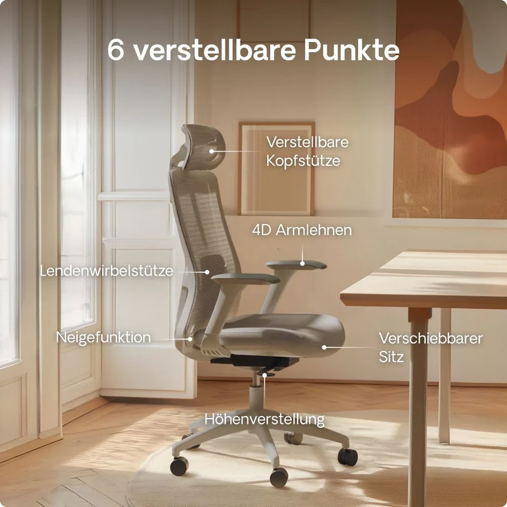 Desktronic Bürostuhl Verstellbarer Ergonomischer SitOne, Grau 4-Dimensional Armlehne, Integrierte 4-Wege-Lendenwirbelstütze – Bild 4