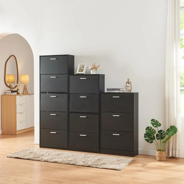 Schuhschrank Sykkylven 103x60x24 cm mit 3 Klappen Schwarz [en. casa] – Bild 8