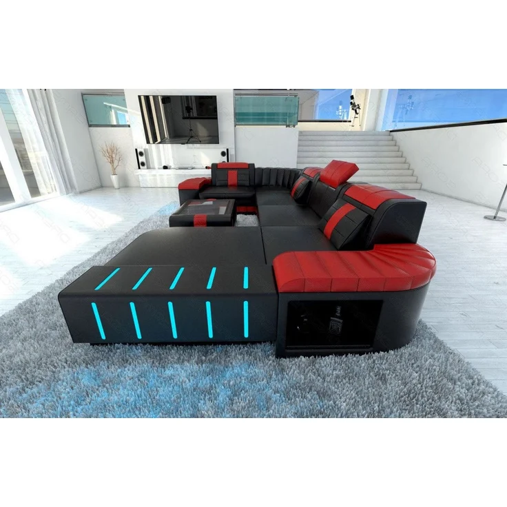 Sofa Dreams - Mini Designer Wohnlandschaft Bellagio Led U-Form - Ledermix - Schwarz-Rot - Rechts – Bild 2
