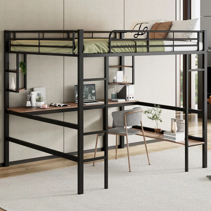 EINHOM Hochbett, 140 x 200 cm Bettgestell Metallbett, mit stabiler Leiter, Einzelbett, Eisenbett mit Schreibtisch, mit Absturzsicherung, Hochbett mit Vier Kleinen Regalen und einem Großen Bücherregal, Multifunktionales Bettgestell, Jugendliche und Erwa...