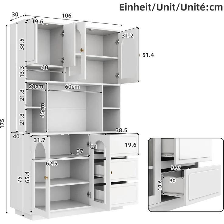 Hoher Sideboard Schrank, Küchen Staurschrank mit Bogen-Acryltüren, Bar-Schrank mit offenen Fächern, Schrank mit APP-gesteuerter farbverstellbarer LED-Beleuchtung,Wohnzimmer Vorratschrank--Weiß--106x30x175cm--YOUDENOVA – Bild 3