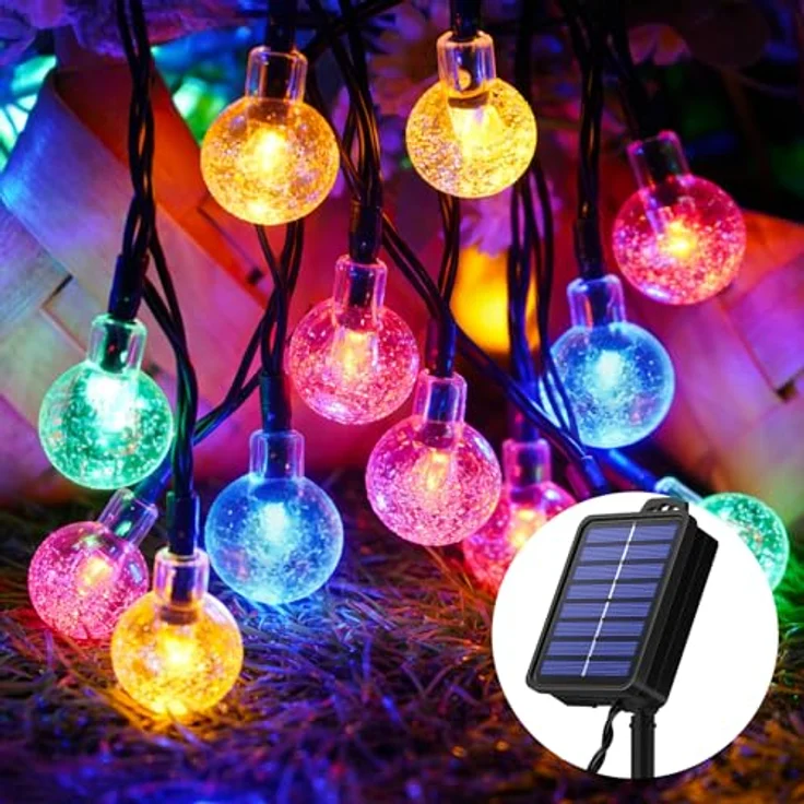 Lichterkette Außen Solar Wetterfest, 100 LED 18M 59Ft 8 Modi IP65 Solarlichterkette Bunt Kristall Kugeln Außen/Innen Lichter Beleuchtung für Balkon Terassen Garten Bäume Weihnachten Partys Fenster – Bild 2