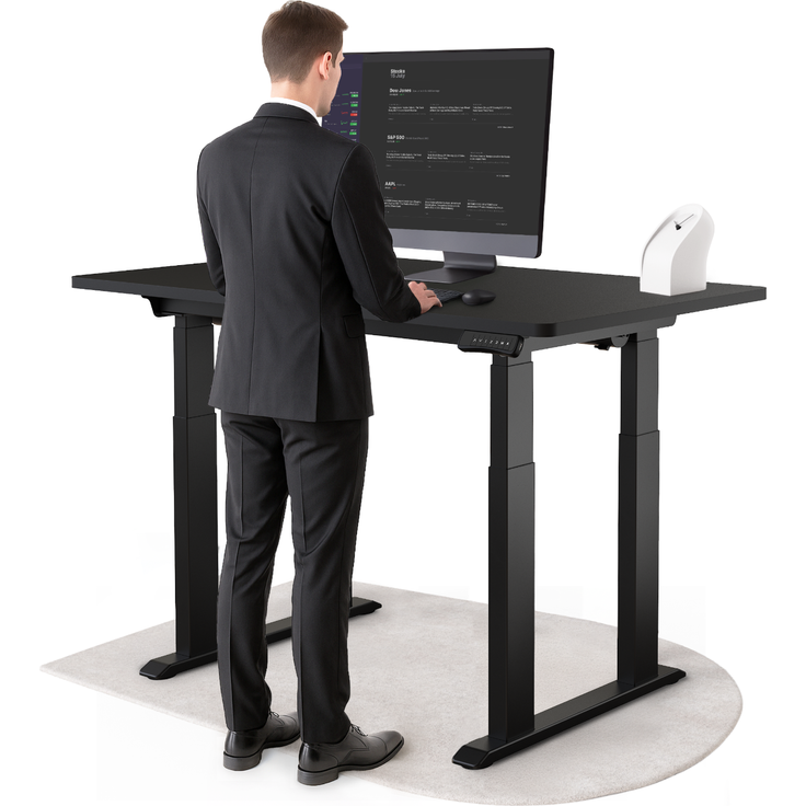 DESKSPACE Höhenverstellbarer Schreibtisch elektrisch mit leisem Dual-Motor – stabiles 4-Bein-Gestell (Schwarzes Gestell, Schwarz Tischplatte, 140×70 cm)