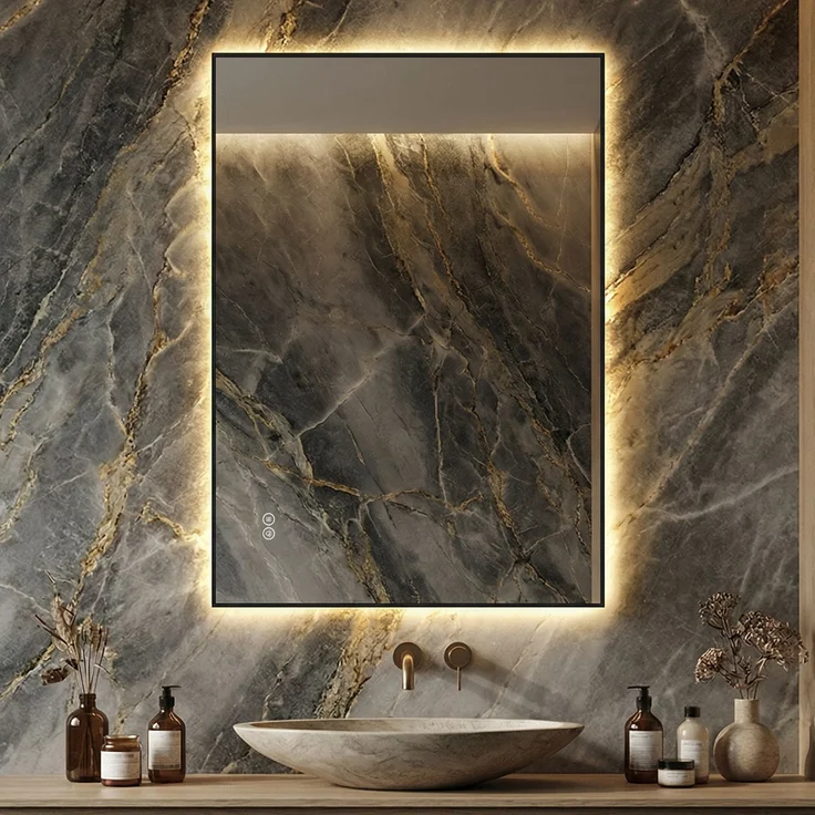 Badezimmerspiegel B 50 x H 70x2.5 cm mit Aluminiumrahmen, LED-Hintergrundbeleuchtung und Anti-Beschlag – Bild 4