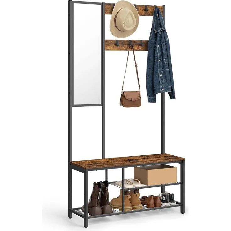 Vasagle Garderobenständer mit Spiegel, Haken, Schuhregal, Holzspanplatte Vintagebraun/Schwarz, 98 x 36 x 185 cm