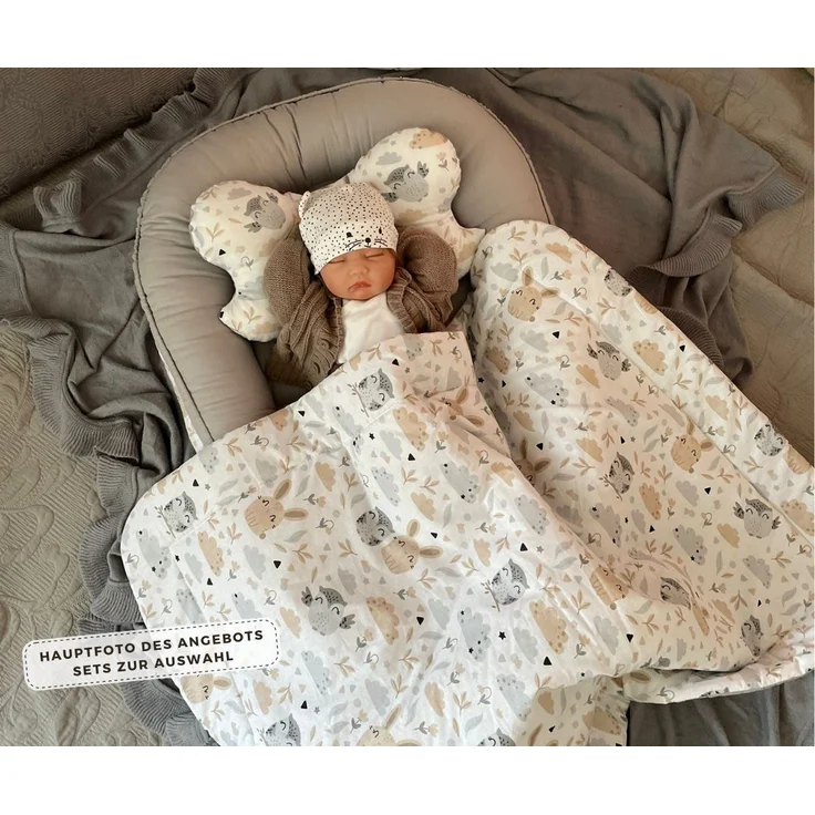 Loolay Bettnestchen BIO BAUMWOLLE BABYNEST Babykokon Neugeborene Babyaustattung SET, (4 Jahreszeiten Kuschelnest Reisebett SOLO/ o. im Premium SETS, 1-tlg, MUSTER: HASE Beige/ GRAU Nestchen 100% Baumwolle), LOOLAY® - 100% Europäische Stoffe und Kleinse... – Bild 5