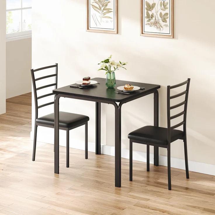 IDEALHOUSE 3-Teiliges Esszimmer Set Für 2 Personen, Esstisch&2 Gepolsterte Stühle, Platzsparend Esszimmermöbel-Set, Metall Und Holz, Stabil, Tisch Essgruppe Mit 2 Stühlen Für Räume, Küche-Scdhwarz2