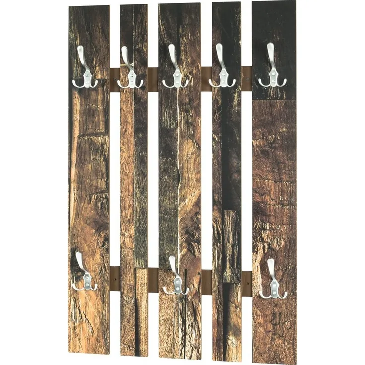 Haku Wandgarderobe mit 8 Garderobenhaken in Edelstahloptik, Korpus aus MDF im Parkett-Dekor, rechteckige Form, 65x9x100 cm