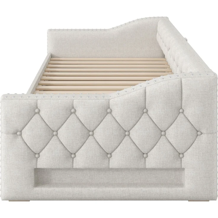 Gepolstertes Tagesbett 90x200 cm mit LED-Licht, Ausziehbett und 3 Schubladen, Beige – Bild 7