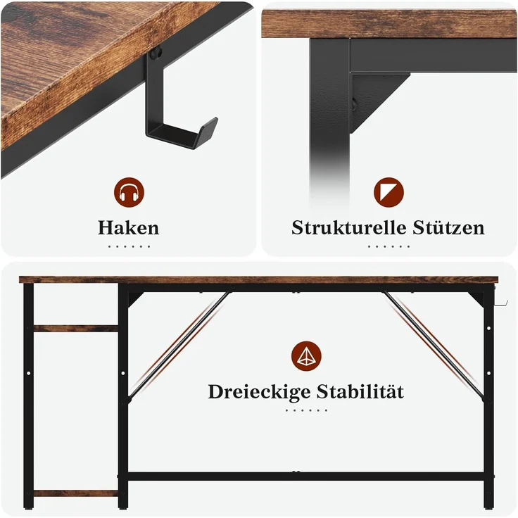 JUMMICO Schreibtisch 120cm mit Regalen, Tisch mit Stauraum, stabile Stahlkonstruktion – Rechts- oder Linksschreibtisch – Rustikales Braun – Bild 6