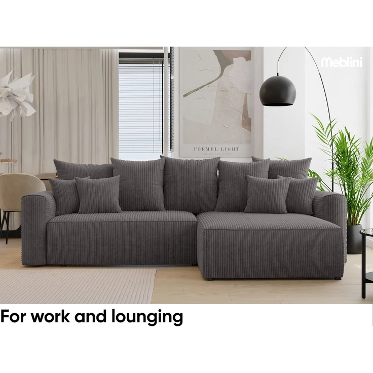 MEBLINI Schlafcouch mit Bettkasten - 260x160x78cm - Dunkelgrau Cordstoff - BALI - Kleines Ecksofa mit Schlaffunktion - Sofa mit Relaxfunktion und Kissen - Kleine Couch L-Form - Eckcouch – Bild 3