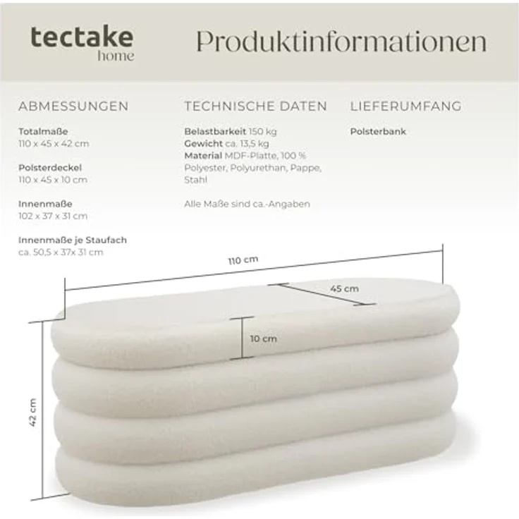 tectake® Sitzbank mit Stauraum, Scandi Sitzhocker, Hocker mit Stauraum, Teddy Stoff, Pouf, Polsterhocker, Sitztruhe, Truhe mit Deckel, Truhenbank mit Stauraum, Möbel für Wohnzimmer - Bouclé créme-weiß – Bild 3