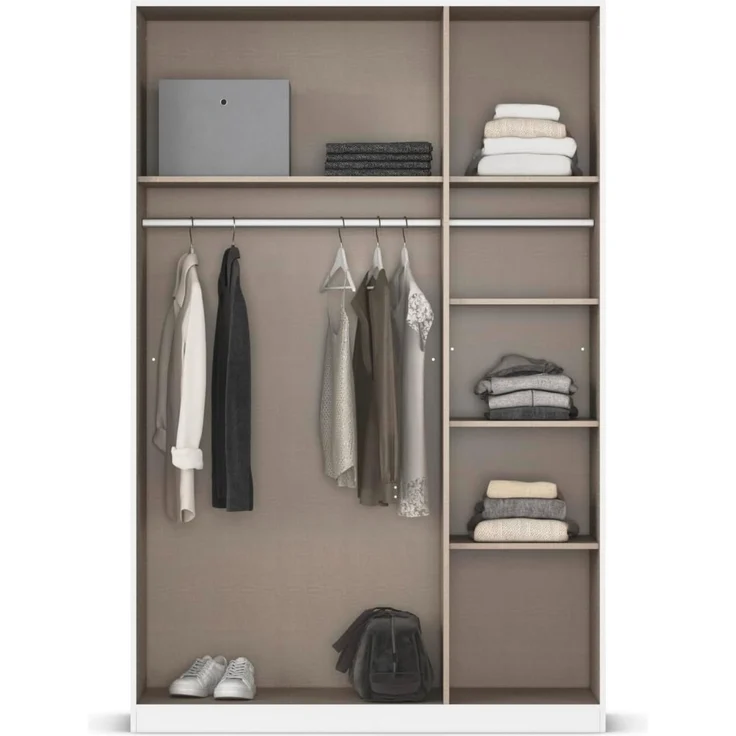Rauch Möbel Alabama, Kleiderschrank, Garderobenschrank, 3-türig, Zubehör Classic, 2 Kleiderstangen, 5 Einlegeböden, Farbe Hochglanz Weiß/Weiß, Griff Grau metallic, 136 x 210 x 57 cm – Bild 6