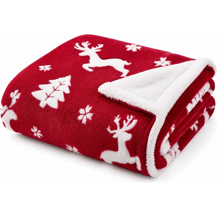 Weihnachts-Flanell-Kuscheldecke mit Rentiermotiv Rot-Weiß, 264x228 cm