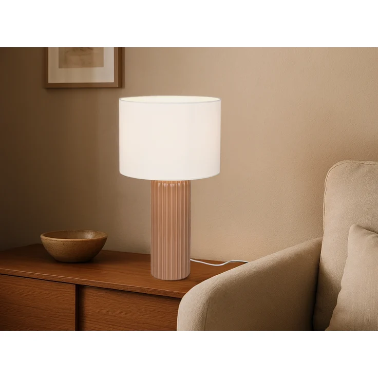 Große LED Tischleuchte mit Keramikfuß Mocca & Stoffschirm Beige, Höhe 51cm – Bild 5