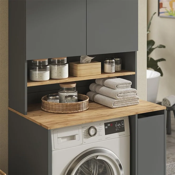 Waschmaschinenschrank Viktor Anthrazit/Goldkraft Eiche 93.6 x 88.2 cm 2 Teile mit Rollregal Vicco – Bild 4
