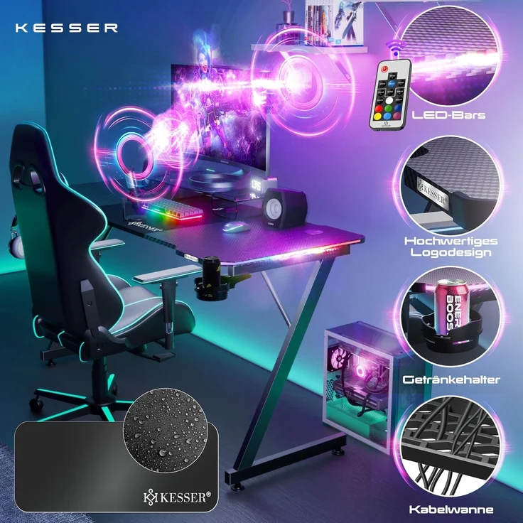 KESSER® Gaming Tisch LED, Z-Form Gamer Schreibtisch, Kopfhörerhaken & Kohlebeschichtung, Ergonomischer PC Computertisch, Stabiler Tisch mit Mauspad & Getränkehalter Schwarz Carbon mit LED, 140 x 60 cm – Bild 3