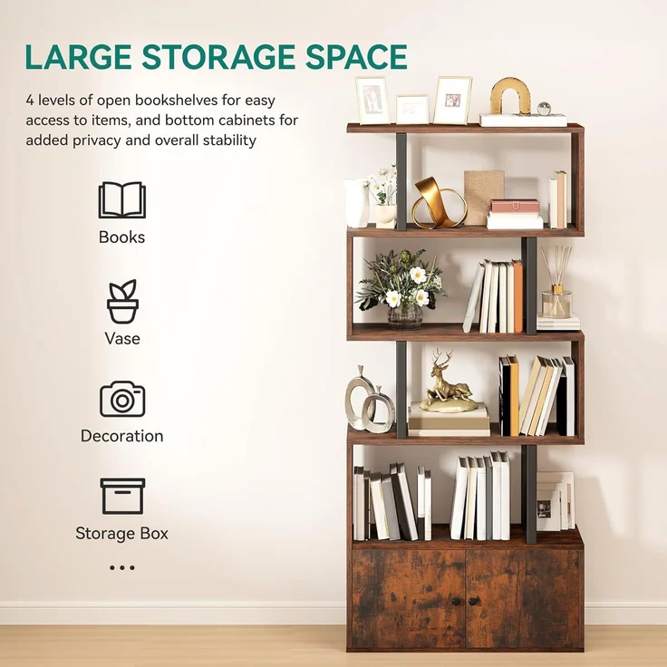 YITAHOME Bücherregal, Industrielles Standregal mit Türen, Regal aus Holz und Metall, Hohes, bodenstehendes Regal, Ausstellungsschrank für Schlafzimmer, Wohnzimmer, Heimbüro, Vintagebraun – Bild 6