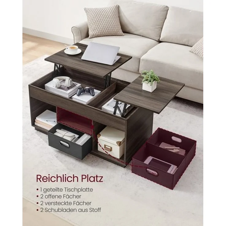 Vasagle Couchtisch, höhenverstellbarer Wohnzimmertisch, 2 Schubladen und versteckte Fächer, Kaffeetisch, offene Fächer, für Wohnzimmer, Homeoffice, aschbraun – Bild 4