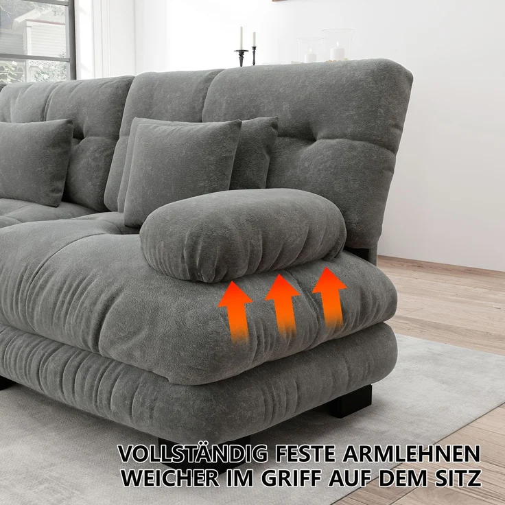 ZUBALIYA Modulare Wohnlandschaft, modular kombinierbar, mit Hocker, H 81 × T 145 × B 406 cm, Grau, Chenille – Bild 15