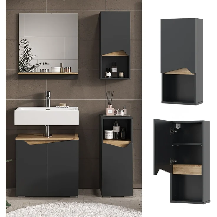 Badschrank Marelle Anthrazit/Artisan 30 x 67 cm mit Tür und offenem Fach Vicco – Bild 2